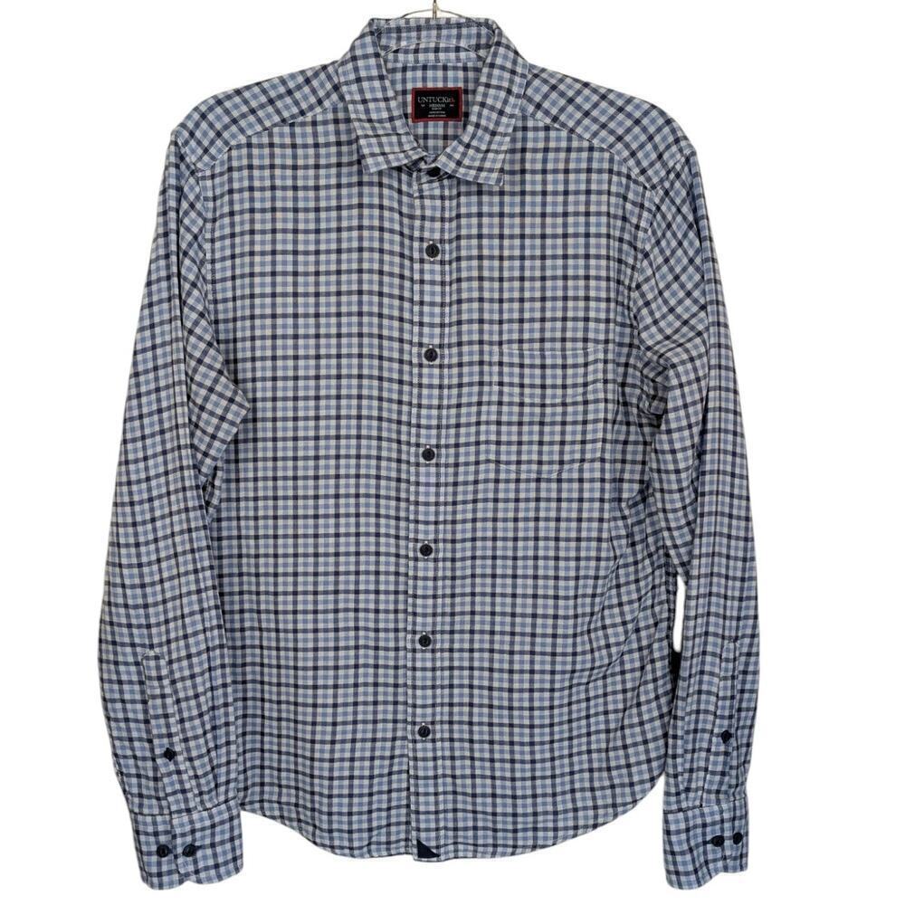 UNTUCKit Medium Mens Blue Plaid Button Up Shirt Slim Fit Blue Cotton Gingham